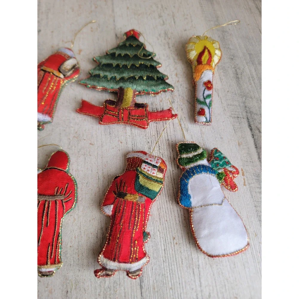 Vintage embroidered Santa Claus tree candle ornament Snowman Xmas set